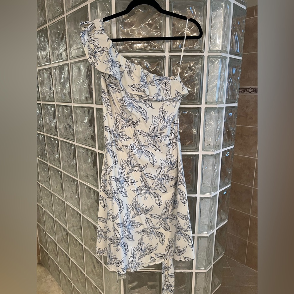 Banana Blue and Cream One shoulder dress
